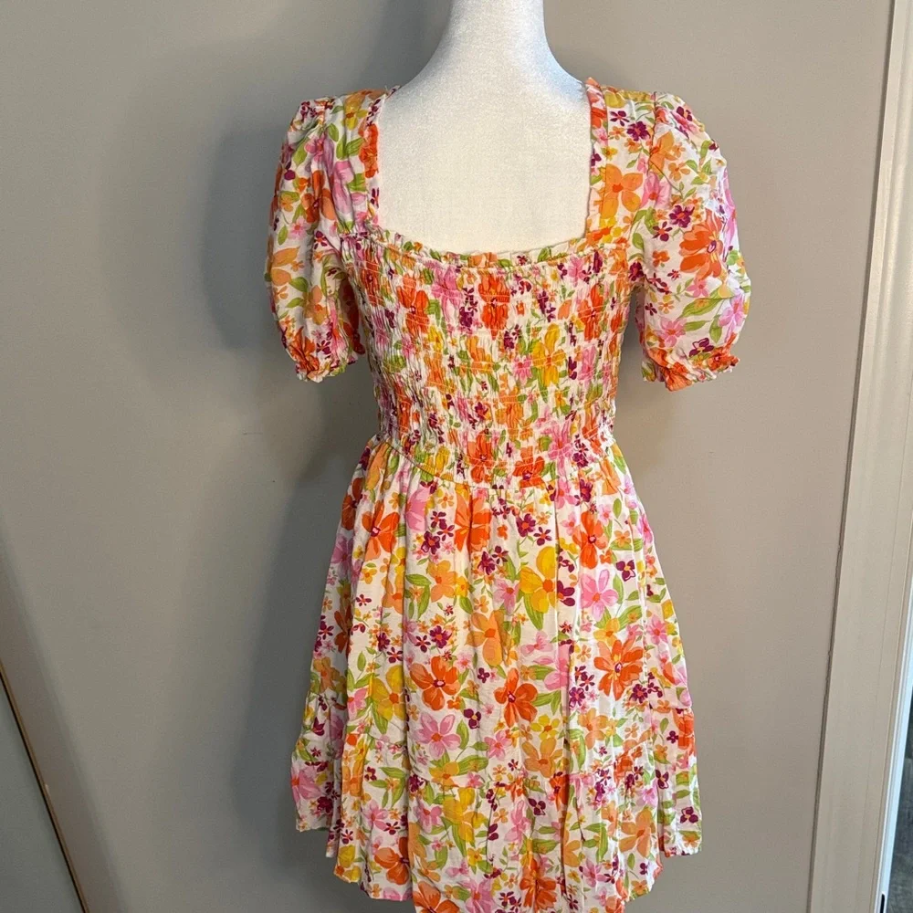 mine Floral Puff-Sleeve Smocked Mini Dress in Orange, Pink, Yellow, Green - Picture 4 of 4